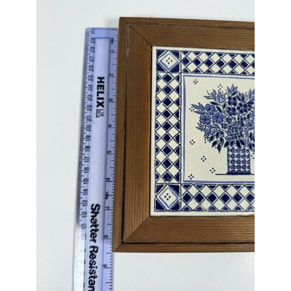Ceramic Tile Trivet Kitchen Plaque Wood Frame 8.5